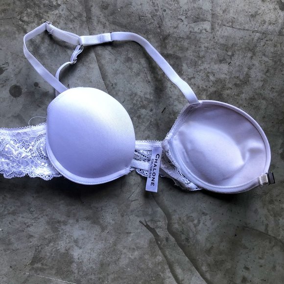 Chalone white lace sides racerback front close padded push up tshirt bra Sz 32B - Picture 3 of 4